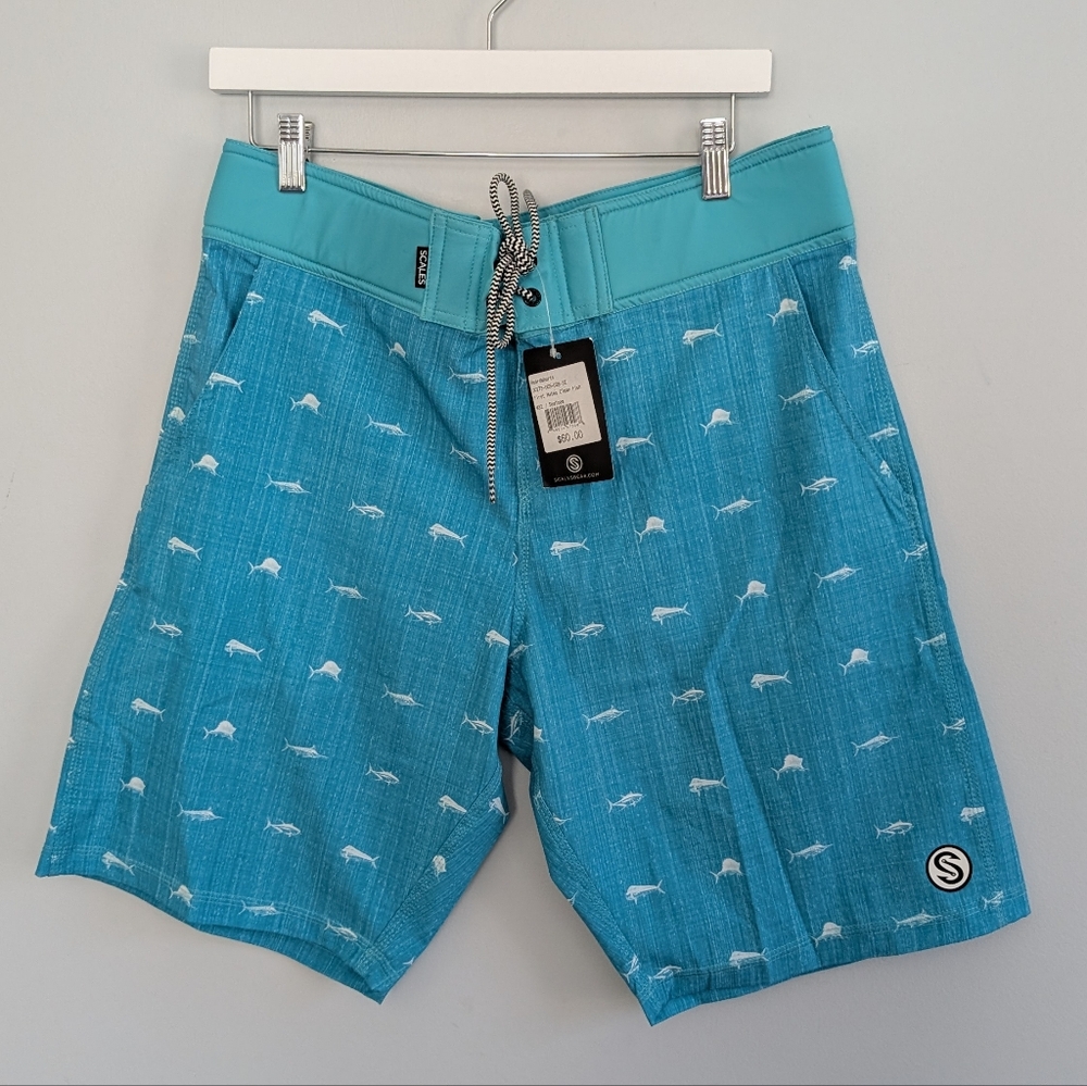 NEW Men's Scales First Mate Clean Fish Small Turquoise Swim Trunks